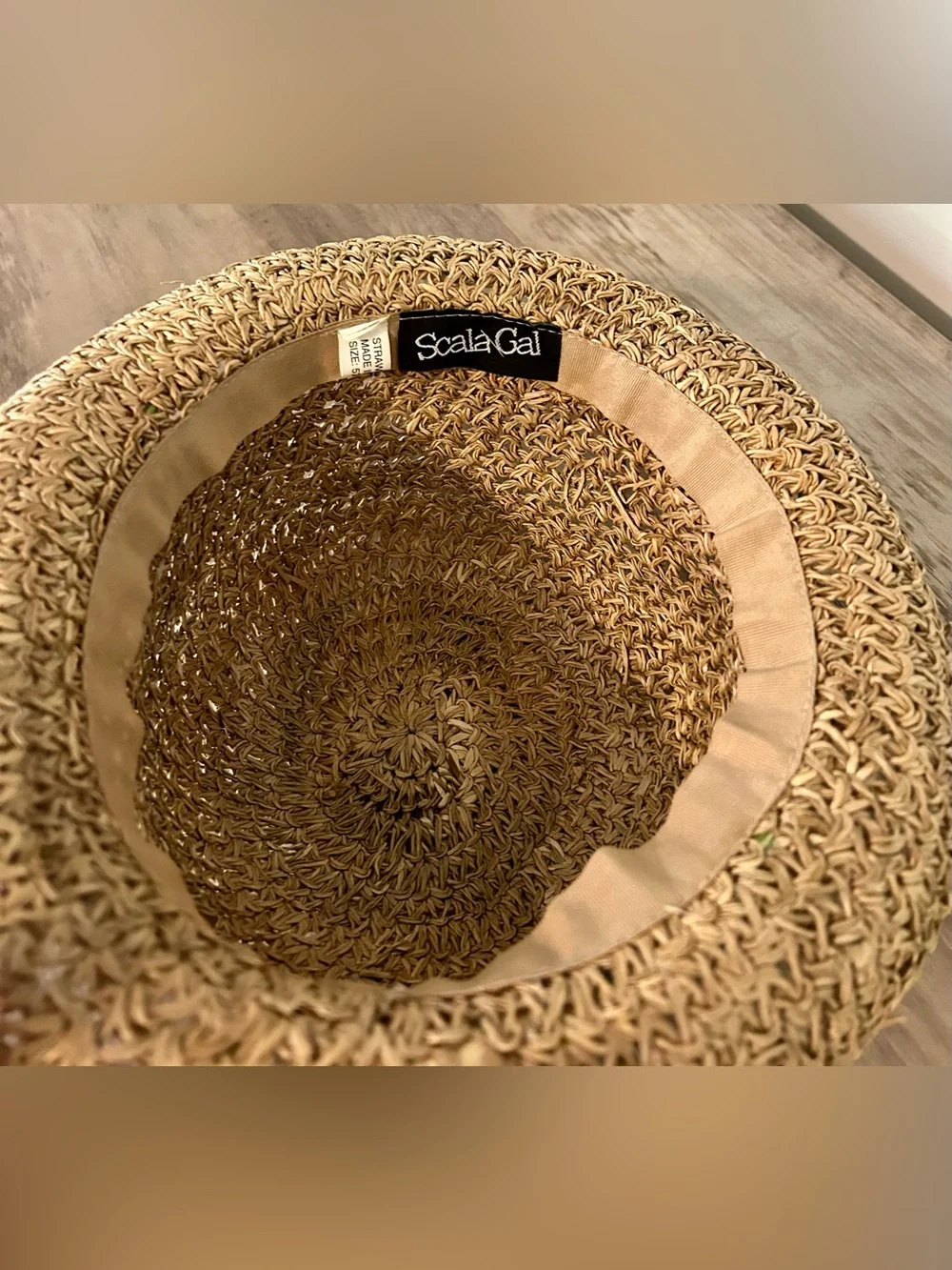 Scala Gal Straw Sun Hat 57 cm Wide Brim Natural Tan Green Trim Boho Beach